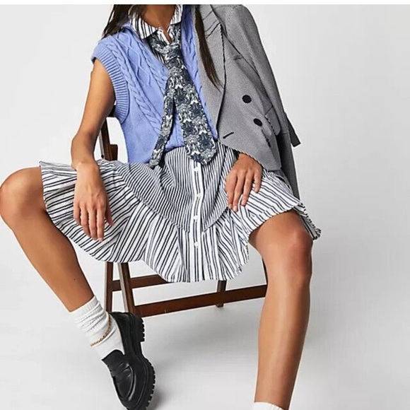 Free People Striped Ruffle Hem Mini Dress - Blue/White - Picture 2 of 12